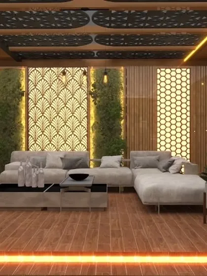 An alternate view of the Paschim Vihar lounge concept. This render highlights the use of vertical gardens and wood paneling to create a warm, nature-inspired environment.