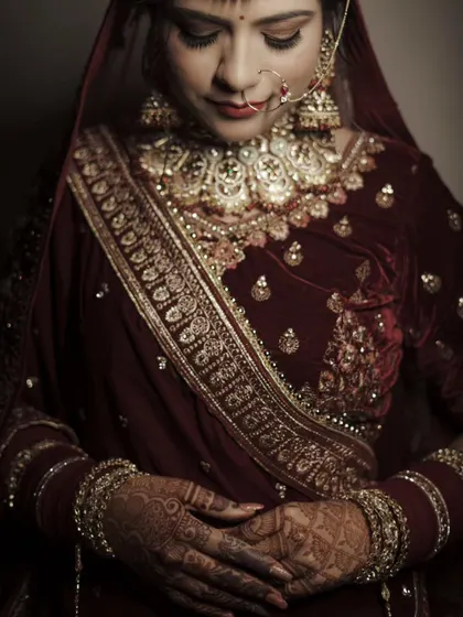 A close-up focusing on the rich texture of the bride's attire and the detailed henna on her hands.