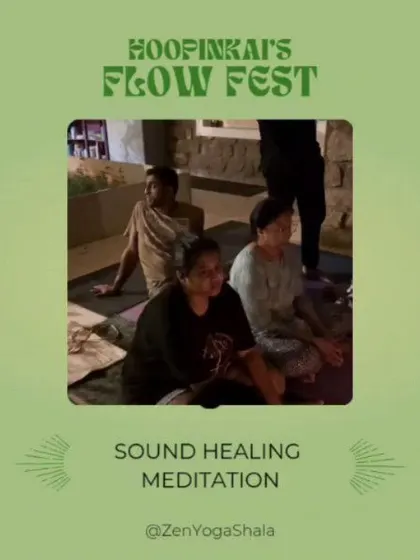 A still from the Flow Fest, capturing the quiet focus of participants during a sound healing meditation. These moments of shared stillness are incredibly powerful.