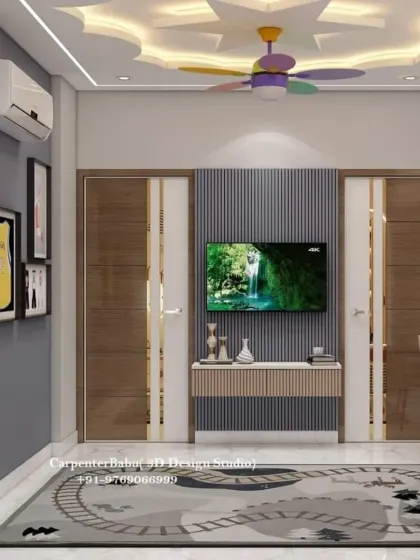 A kids' room with a unique star-shaped false ceiling and a colorful fan. The room is designed to be a fun and inspiring space for a child.