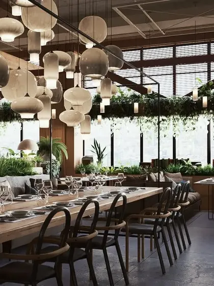 A wider shot of the restaurant design, showing the large windows that connect the diners with the outside view.