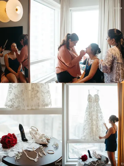 A collage showing the bride's getting-ready process. From makeup to the final look at her dress, it tells the story of her transformation.
