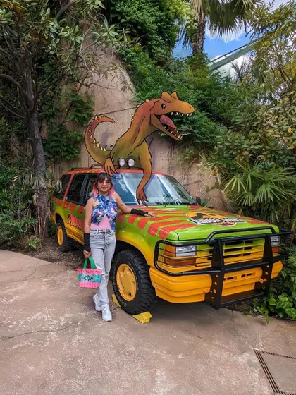 At the Jurassic Park section of Universal Studios Japan. I doodled a friendly T-Rex on top of the iconic tour vehicle to make the memory more fun.