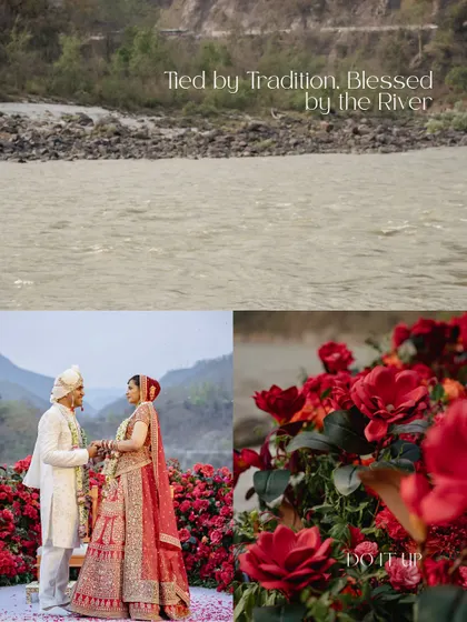 A collage capturing the essence of the 'Pheras by the Ganges' wedding. The images highlight the dramatic red floral decor, the serene river backdrop, and the intimate moments of the ceremony.