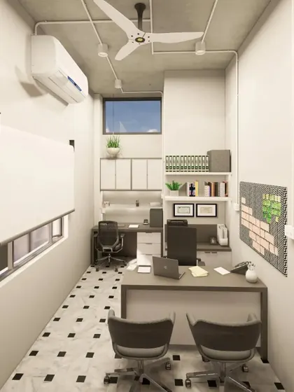 This angle shows the thoughtful space planning in a smaller office. High ceilings and clever placement of furniture create a functional workflow, with dedicated areas for individual tasks and storage, ensuring a clean and organized look.