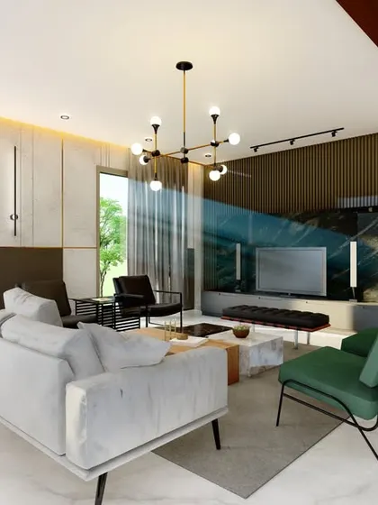 We design the inside of your home with the same precision as the outside. This 3D visualization of a living room shows how we blend contemporary furniture, sophisticated lighting, and rich textures to create an elegant and comfortable living space.