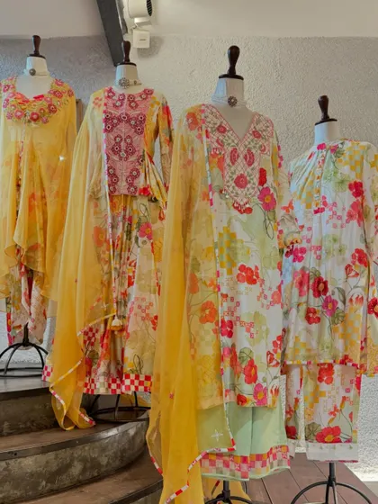 The full collection of these cheerful floral suits, featuring different silhouettes from A-line kurtas to layered capes.