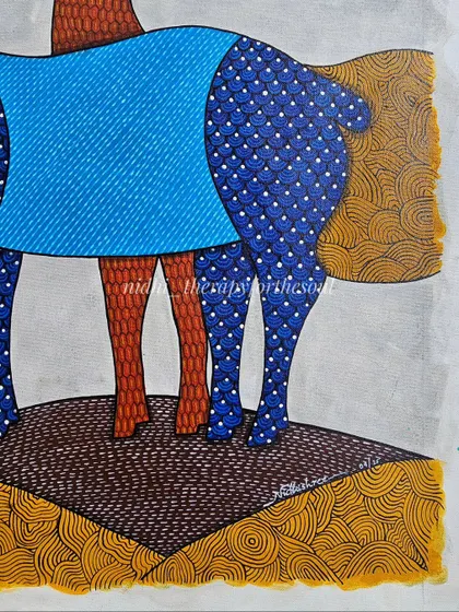 A detailed shot of the Gond deer painting, focusing on the intricate patterns. Gond art uses dots, dashes, and fine lines to fill its subjects, and here you can see the different textures I created.
