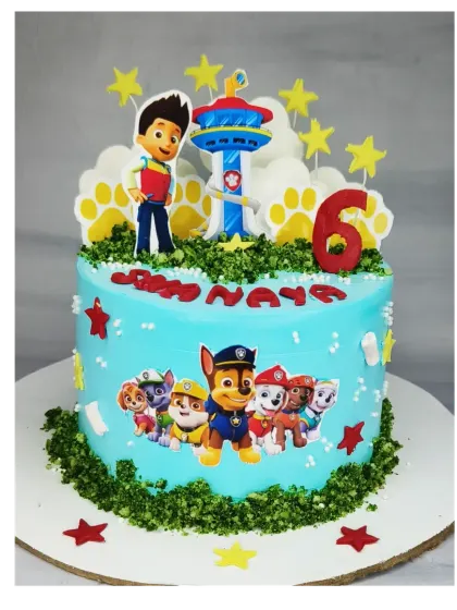 Another fun Paw Patrol design, this time with a chocolate truffle flavor. The cake features edible grass and character toppers, perfect for a 6th birthday celebration.
