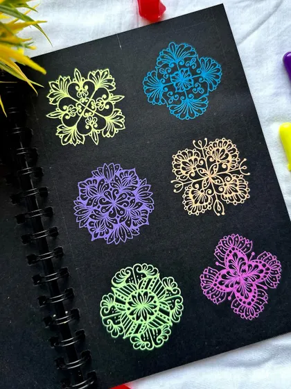 Back to basics. A collection of mini mandala patterns drawn with different colored Gelly Roll pens. These are great for practice and for finding new pattern ideas.