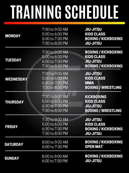 Here’s our weekly training schedule. We offer a mix of Jiu-Jitsu, MMA, Boxing, and Kids Classes throughout the day to fit your life. Find a slot and come through for a class.