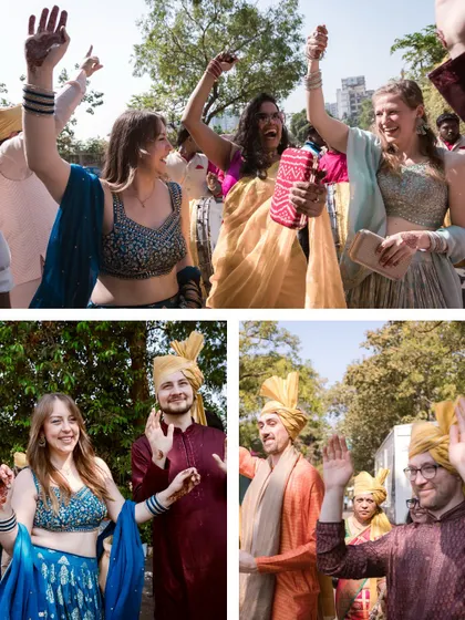 A collage showcasing the diversity and joy of the wedding guests. Friends from different backgrounds come together to dance and celebrate.