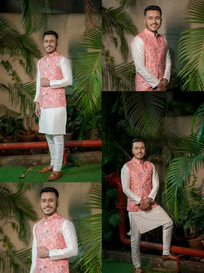 A collage of the groom's portraits in his handsome pink and white traditional wear. The outdoor setting with natural greenery provides a beautiful backdrop.