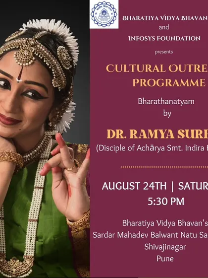 The poster for Dr. Ramya Suresh's performance in Pune, as part of the Bharatiya Vidya Bhavan and Infosys Foundation's Cultural Outreach Programme.