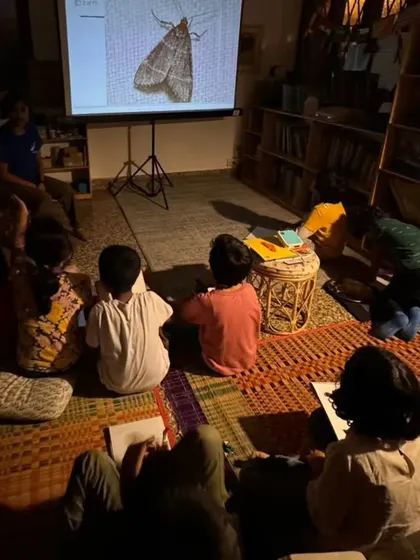 During our "Moth Watch" evening, children gather for a presentation on nocturnal insects before heading out to see them in person, blending classroom learning with outdoor exploration.
