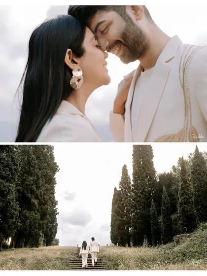 A collage capturing both a tender close-up and a wide shot of the couple ascending a tree-lined path in Italy, telling a story of their journey together.