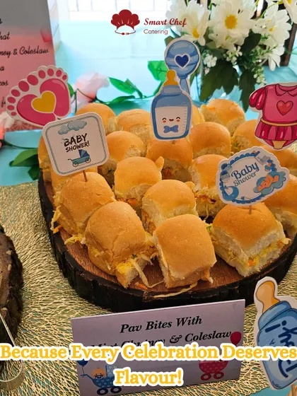 A baby shower is a special celebration. Here, I've created cute "Pav Bites with Panneer & Coleslaw" with adorable baby-themed toppers to match the joyous occasion.