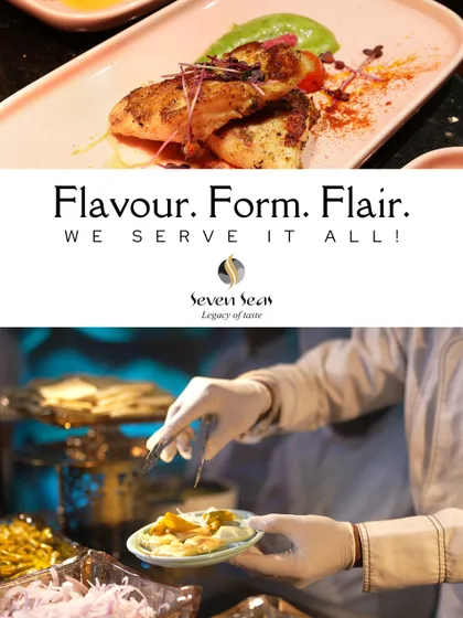 "Flavour. Form. Flair. We serve it all!" This graphic combines our motto with images of our food and service, encapsulating our comprehensive approach to luxury catering.