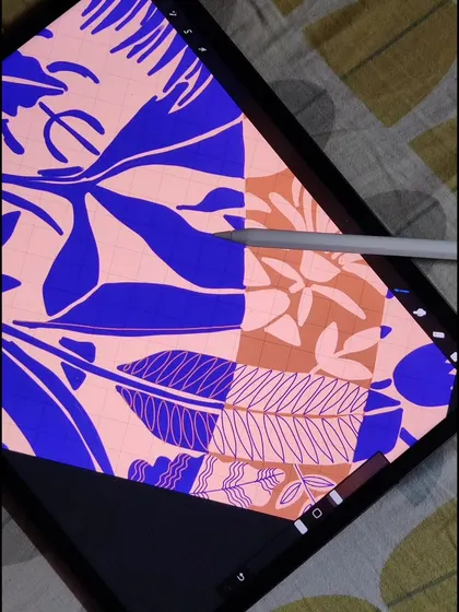 A duplicate image showing a work in progress on my iPad. This view captures the creation of a vibrant, tropical leaf pattern, highlighting the tools and techniques I use for my digital art.