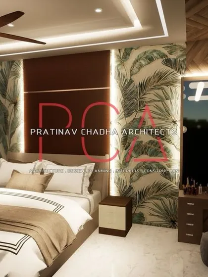 A 3D visualization of a bedroom for the Vasant Kunj project, featuring a tropical wallpaper, a modern bed, and a sleek dressing table.