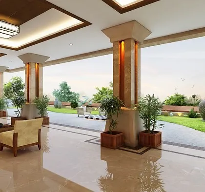This rendered view shows our design intent for the sit-out space, envisioned as an open-air lounge that connects directly with the garden, blurring the lines between inside and out.
