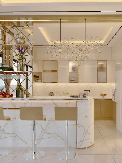 A 3D render of a glamorous kitchen and bar area, featuring white marble, gold accents, and a breathtaking chandelier.