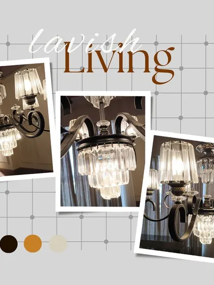 A collage showcasing a lavish crystal chandelier. The right lighting is crucial for creating a sense of luxury and sophistication, and a statement piece like this can transform an entire room.
