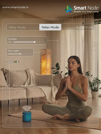 Create your perfect sanctuary with a single command. This image illustrates our 'Relax Mode' scene, where the system adjusts curtains, lighting, and music to create a peaceful atmosphere, all initiated by your voice.