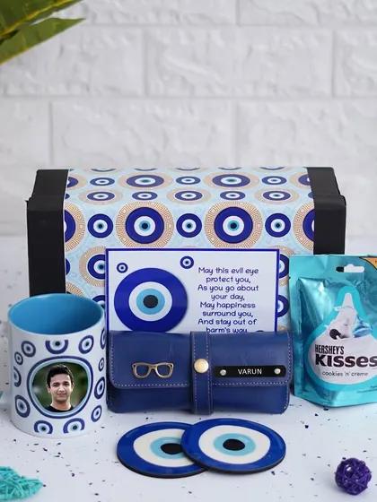 You can also personalize the evil eye mug with a photo, as shown in this version of the hamper.