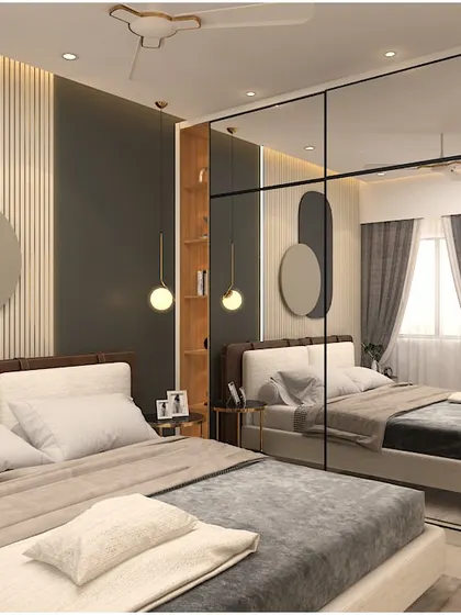This modern bedroom features a unique accent wall with geometric shapes and a large mirrored wardrobe that visually doubles the space. The design is contemporary and bold.