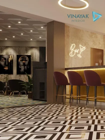 Another view of the modern bar, showing the seating area and the neon 'Bar' sign that adds a playful, trendy vibe. The geometric floor tiles and moody artwork complete this chic entertainment space.