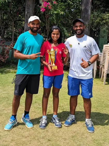 Tamanna Nair with her coaches after winning the U-14 All India Championship Series Singles title in Navi Mumbai.