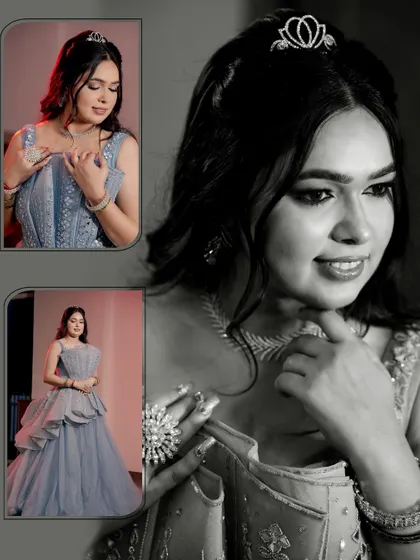 A series of portraits of a couple in blue-themed outfits, capturing their engagement on a staircase and in posed shots.