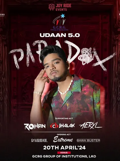 The official poster for Paradox's show at GCRG Institutions, Lucknow. I work with colleges to book trending hip-hop artists that resonate with the youth, ensuring a successful and packed festival.
