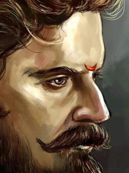A close-up detail of my Shivaji Maharaj portrait. This view highlights the intricate details of his expression, the tilak on his forehead, and the texture of the digital brushwork.