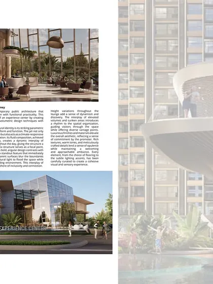 This spread covers 'The Glass Pavilion,' an experiential project that combines integrative architecture with automated design techniques to create a seamless user journey.