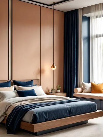 A duplicate of image 70, showing a bedroom concept where Peach Fuzz is paired with dusty blue for a soft, dreamy, and balanced feel.