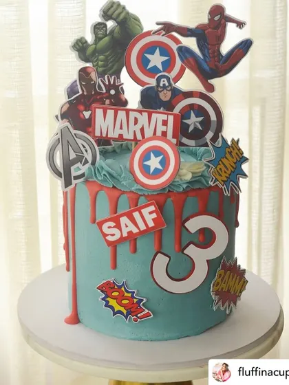 An amazing Marvel Avengers themed cake using our paper topper set. The set includes Hulk, Spider-Man, Iron Man, and Captain America for a full superhero party.