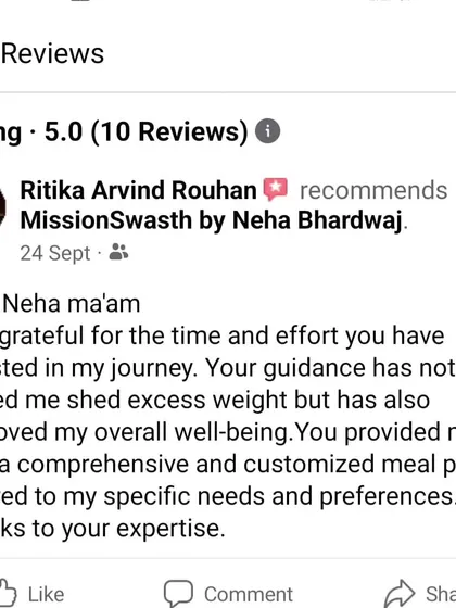 I am so grateful for Ritika's review. She emphasizes how the customized meal plan not only helped her shed excess weight but also improved her overall well being, which is always my ultimate goal.