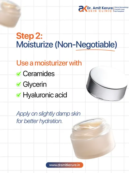 Moisturizing is non-negotiable, especially in winter. This graphic recommends using moisturizers with ingredients like ceramides and hyaluronic acid on damp skin for better hydration and barrier repair.