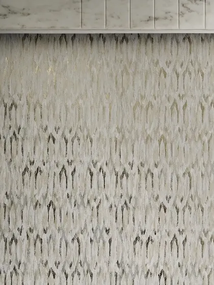 A full view of the textured wallpaper used in the bedroom. Its subtle, brushstroke-like pattern adds depth and a touch of artistic flair to the wall, complementing the room's neutral and earthy color scheme.
