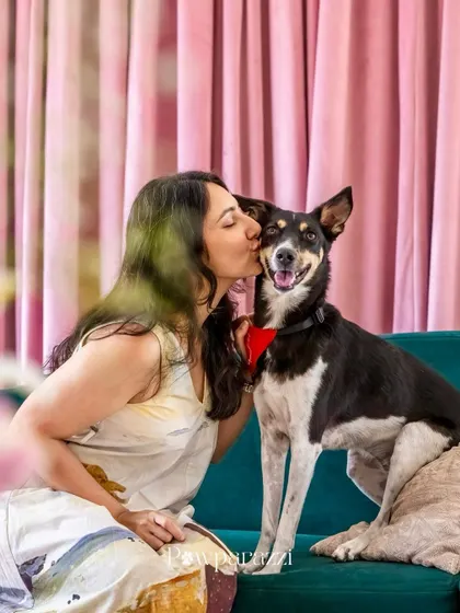 A beautiful portrait of a dog mom kissing her Indie dog, taken during our Mother's Day mini-sessions. The simple background and soft lighting create a timeless and emotional image.