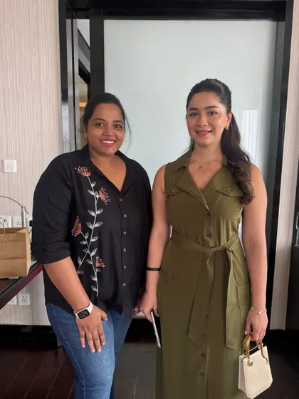 Posing with my client Sara Tendulkar after a styling session. I focus on creating professional, polished looks for all my clients, whatever the occasion.