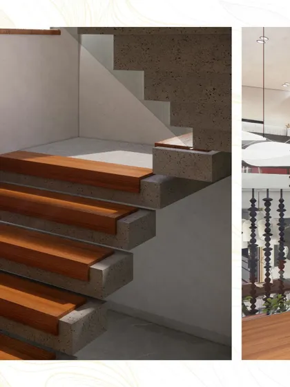 A detail collage showing the custom staircase with its concrete and wood treads, and the intricate wooden bead screen.