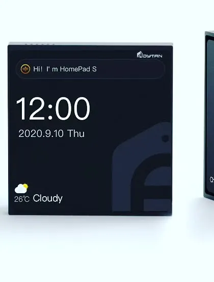 A close-up of the HomePad S, the smaller version of my control panel. It features a clean, minimalist display showing time, date, and weather at a glance.