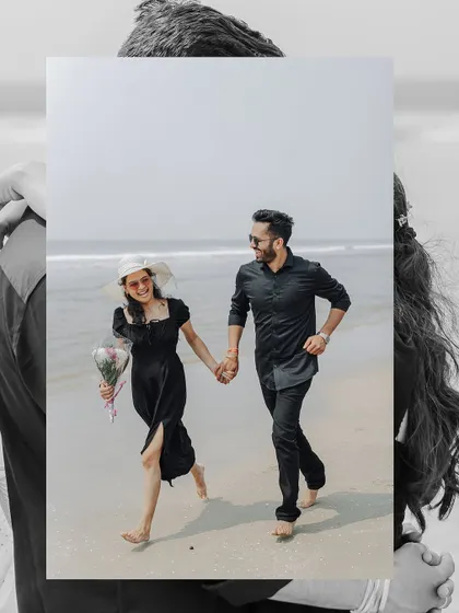 An artistic edit of a couple running happily on the beach in Goa. The layered effect adds a dreamy, memorable quality to this candid moment.