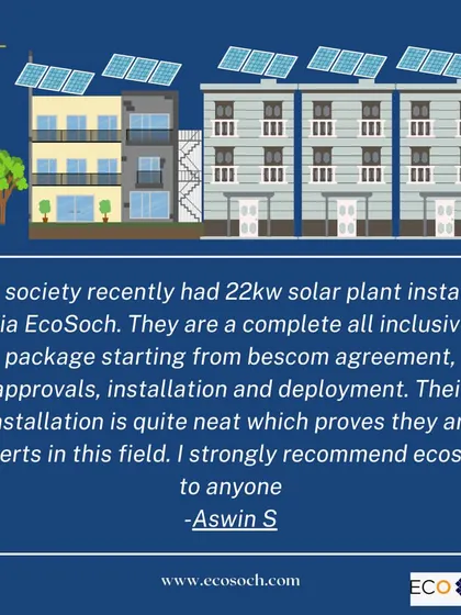 A testimonial from Aswin S. about the 22kW solar plant we installed for his society. He highlights our all-inclusive package, covering everything from the BESCOM agreement to the neat, professional installation and deployment.