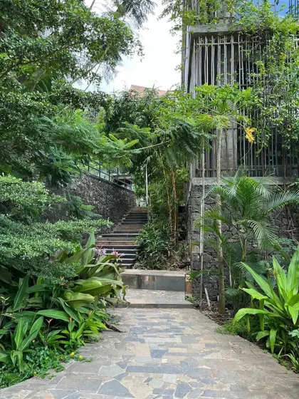This pathway at Avasara leads up a flight of stairs flanked by local stone walls and tropical foliage. The design integrates the natural slope of the land, creating an immersive journey through the garden.