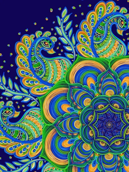A corner section of a digital mandala inspired by the vibrant colors of a peacock, set against a deep blue background.