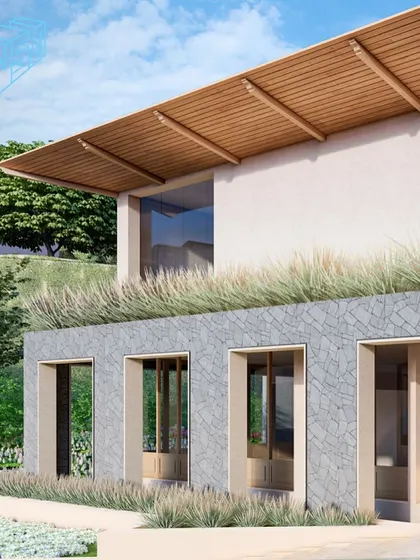 A close-up render of a resort building, showcasing the use of random rubble stone masonry and rooftop grasses. This biophilic approach helps the structure merge with the natural landscape, reducing its visual impact.